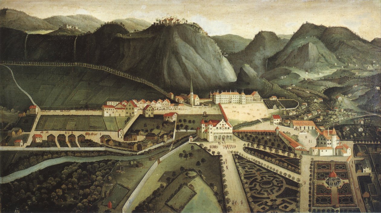 Udsigt over Hohenems med slottet, sommerhuset og haverne af Hans Jakob Noppis