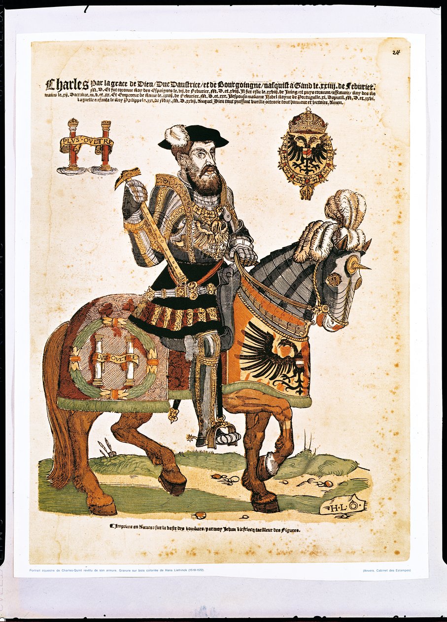 Rytterportræt af Karl V i rustning (1500-58) (farvestik) af Hans Liefrinck