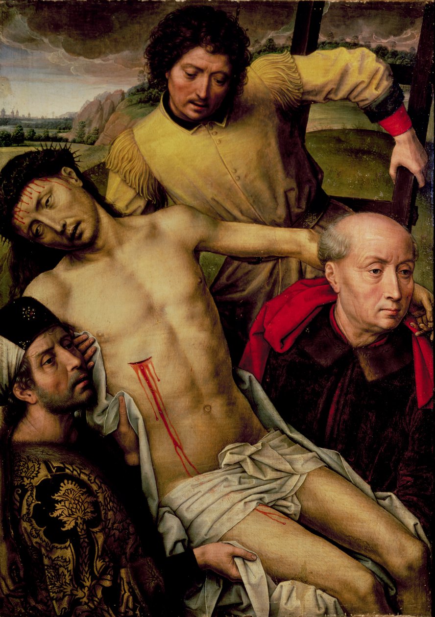 Nedstigning fra korset, venstre panel fra deponeringsdiptykonen, ca. 1492-94 af Hans Memling