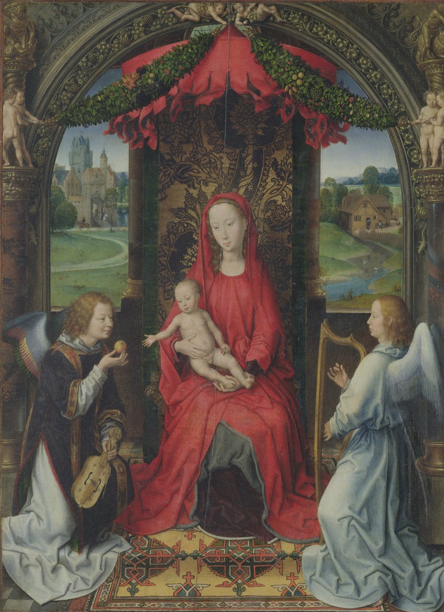 Madonna og barn tronet med to engle, 1490-91 af Hans Memling