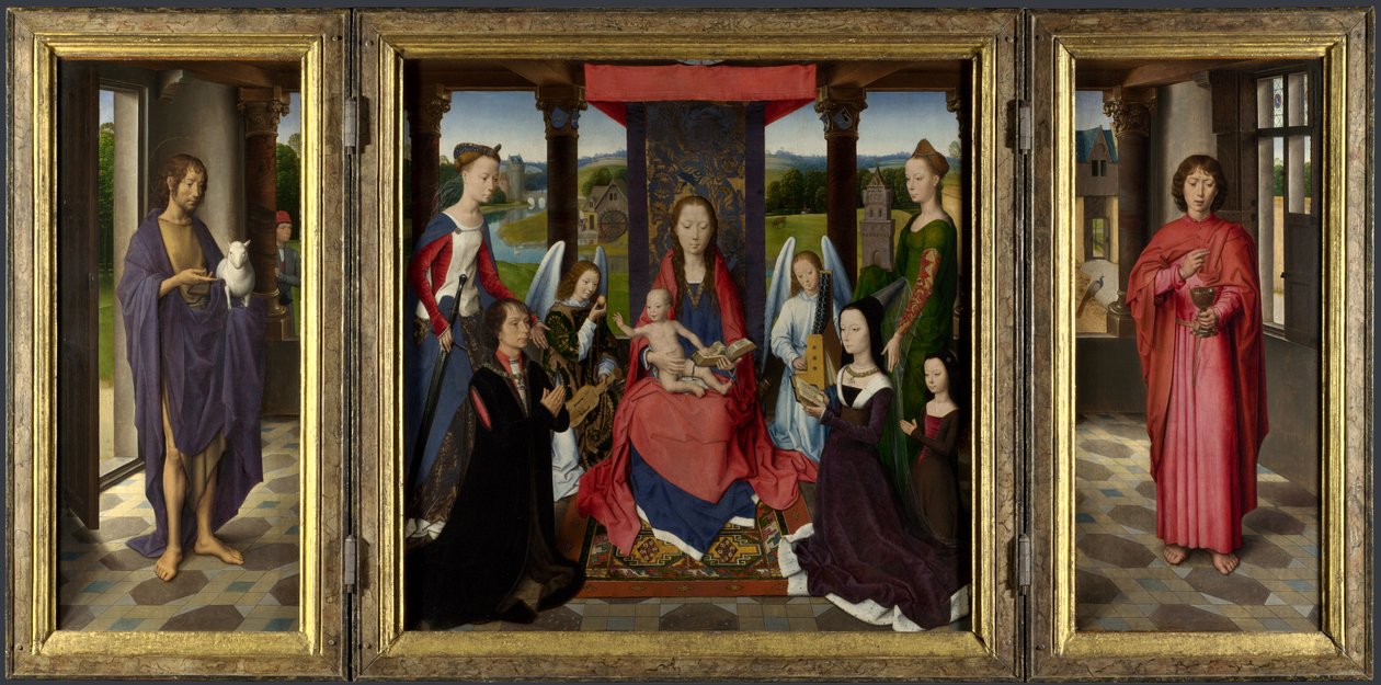 Mary med barnet, helgener og donorer af Hans Memling
