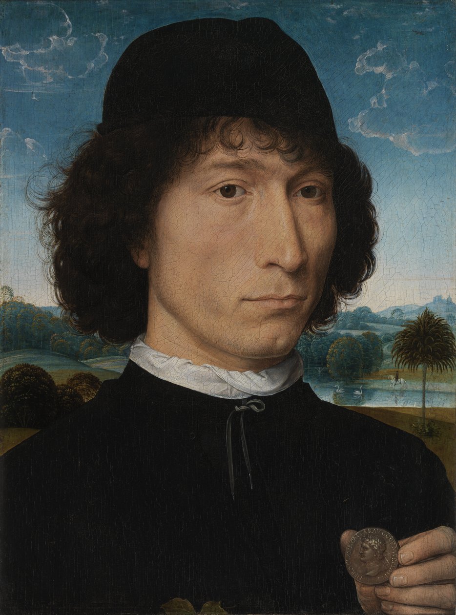 Portræt af en mand med en romersk mønt af Hans Memling