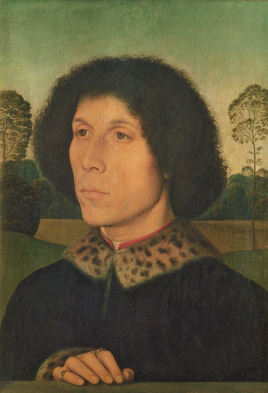 Portræt af en mand mod et landskab, ca. 1470 (panel) af Hans Memling