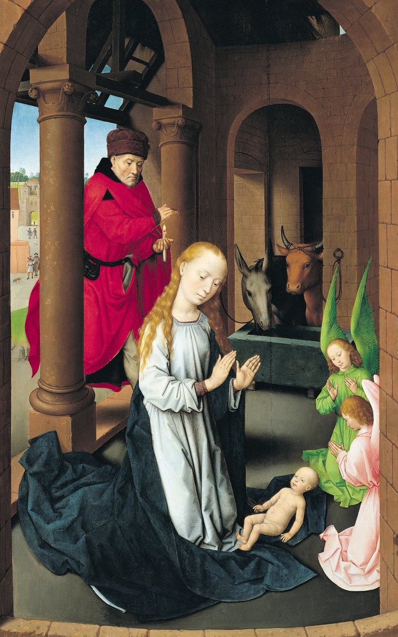 Fødselen, venstre fløj af en triptykon fra Magiernes tilbedelse, ca. 1470-72 af Hans Memling