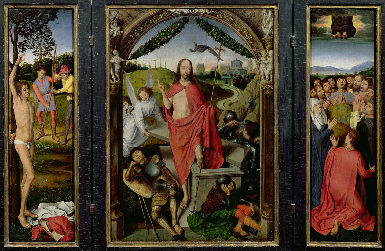 Opstandelsens Triptykon: Opstandelsen (i midten) St. Sebastians martyrium (til venstre) og Himmelfarten (højre) ca. 1485-90 af Hans Memling