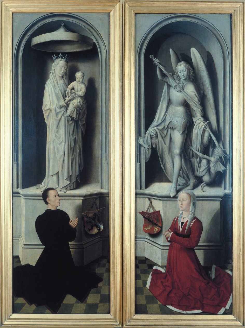 Udsigt til Den sidste dom med lukkede paneler, der forestiller giverne, Angelo di Jacopo Tani og hans hustru, Caterina de Tanagli, under Madonnaen med barn og Sankt Mikael, 1473 (se af Hans Memling