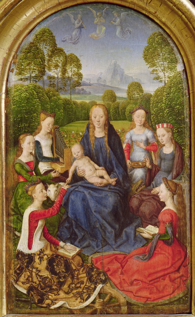 Jomfru og barn med hellige, venstre panel fra Jean du Celliers Diptykon, ca. 1490 af Hans Memling