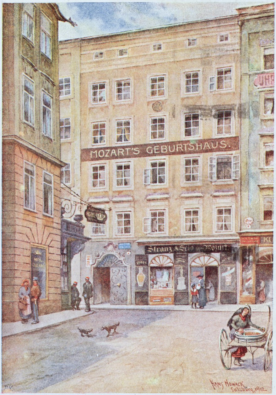 Postkort, der forestiller huset i Salzburg, hvor Wolfgang Amadeus Mozart (1756-91) blev født, 1912 af Hans Nowack