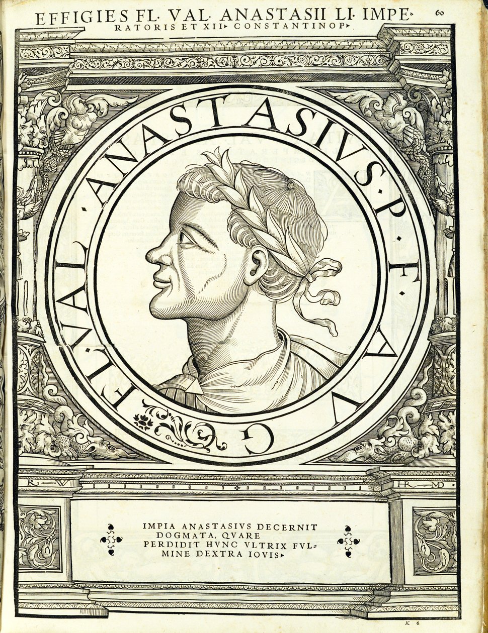 Anastasius I, illustration fra "Imperatorum romanorum omnium orientalium et occidentalium verissimae imagines ex antiquis numismatis", træsnit af Rudolph Wyssenbach, trykt af Andreas Gesner, Zürich af Hans Rudolf Manuel Deutsch