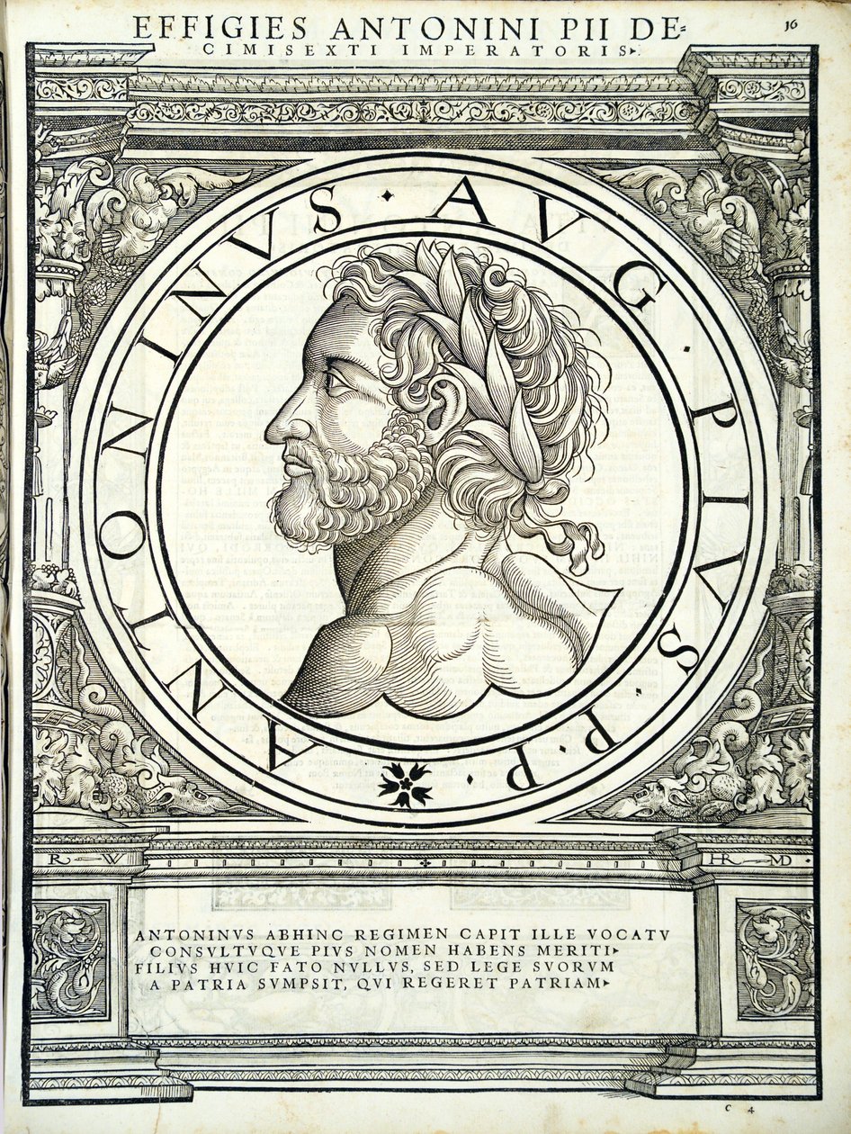 Antoninus Pius, illustration fra Imperatorum romanorum omnium orientalium et occidentalium verissimae imagines ex antiquis numismatis, træsnit af Rudolph Wyssenbach, trykt af Andreas Gesner, Zürich af Hans Rudolf Manuel Deutsch