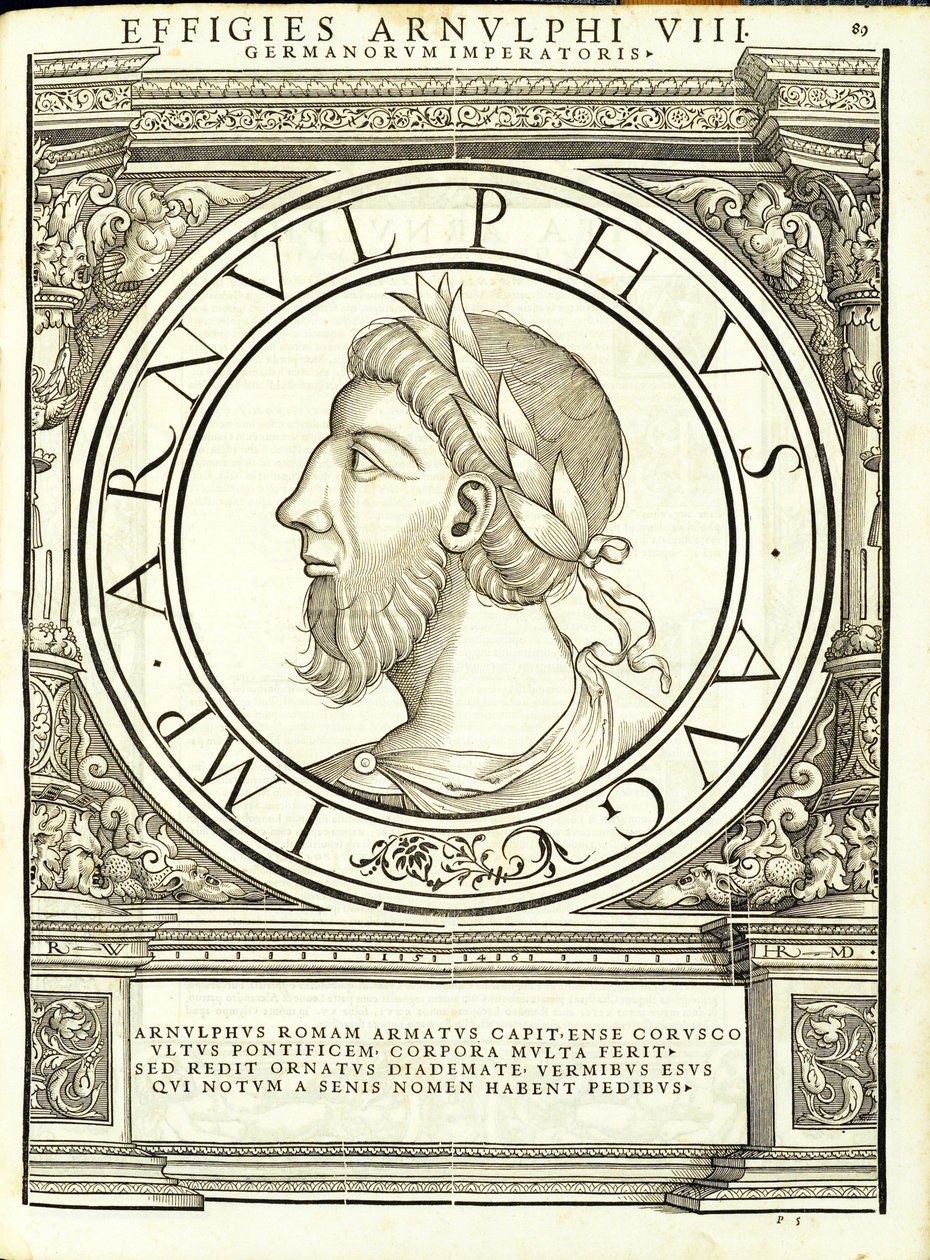 Arnulphus, illustration fra de romerske kejsere i hele øst og vest, med de mest autentiske billeder af de gamle mønter, træsnit af Rudolph Wyssenbach, trykt af Andreas Gesner, Zürich, 155 af Hans Rudolf Manuel Deutsch