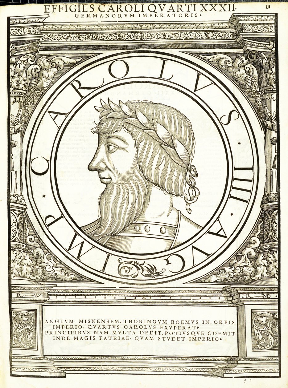 Charles III, illustration fra de mest autentiske billeder af de antikke romerske kejsere i Vestindien, træsnit af Rudolph Wyssenbach, trykt af Andreas Gesner, Zürich, af Hans Rudolf Manuel Deutsch