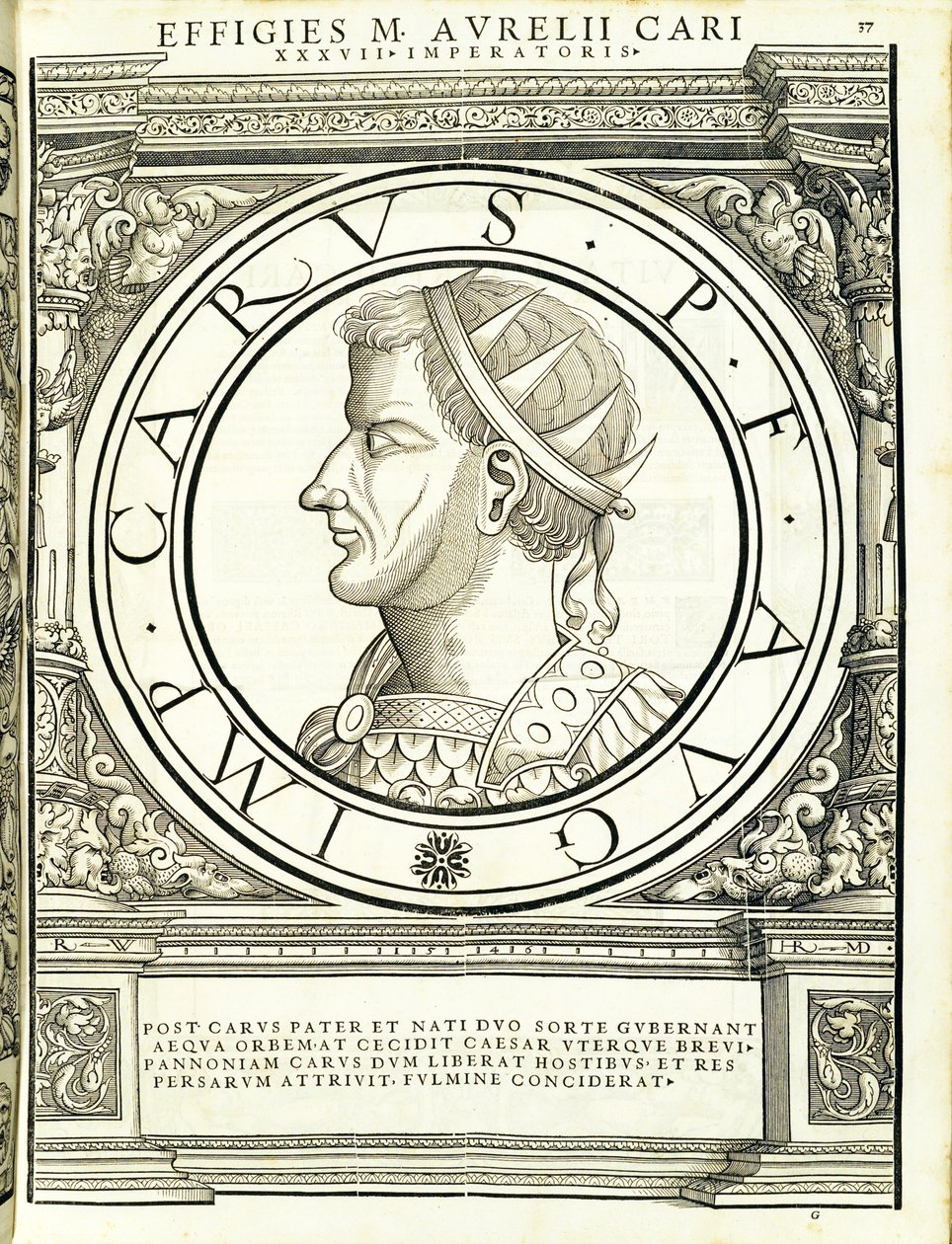 Carus, illustration fra de romerske kejsere i hele øst og vest, med de mest autentiske billeder af de gamle mønter, træsnit af Rudolph Wyssenbach, trykt af Andreas Gesner, Zürich, 1559 wo af Hans Rudolf Manuel Deutsch