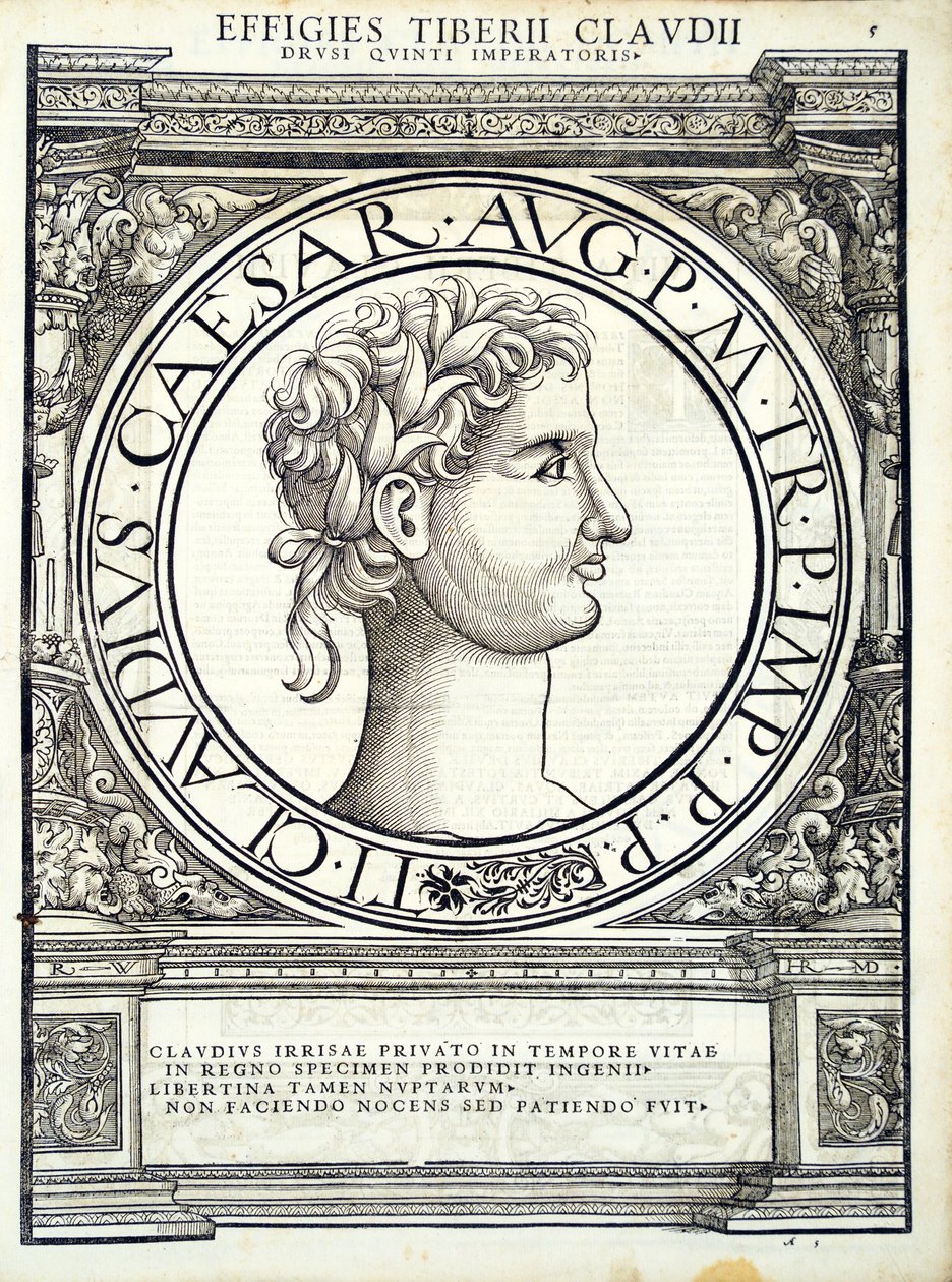 Claudius Cæsar, illustration fra de mest autentiske billeder af de gamle romerske kejsere i øst og vest, træsnit af Rudolph Wyssenbach, trykt af Andreas Gesner, Zuric af Hans Rudolf Manuel Deutsch