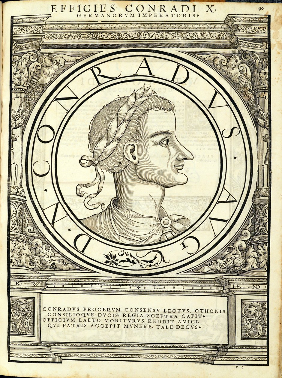 Conrad I, illustration fra de romerske kejsere i hele øst og vest, de mest autentiske billeder af gamle mønter, træsnit af Rudolph Wyssenbach, trykt af Andreas Gesner, Zürich, 15. af Hans Rudolf Manuel Deutsch
