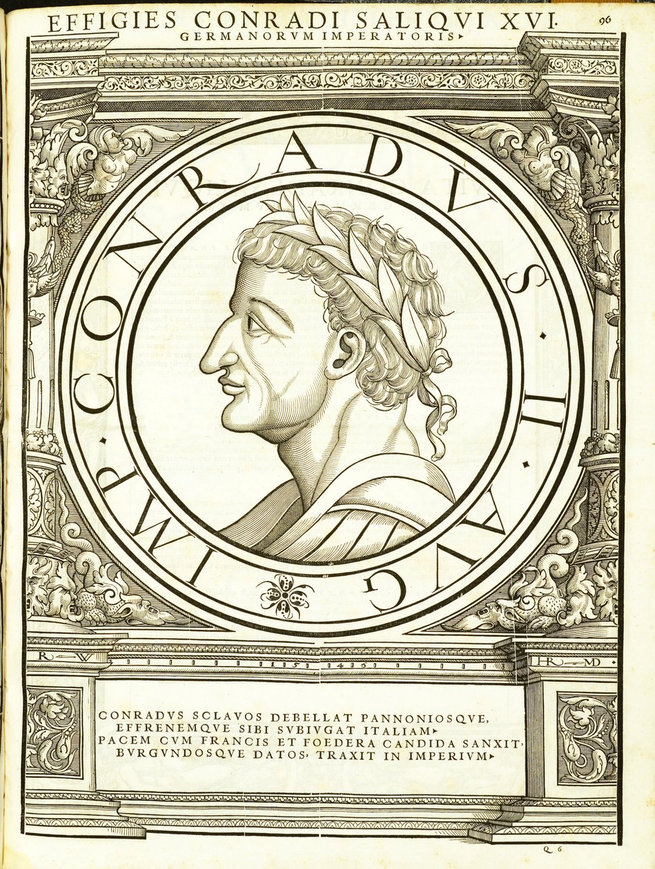 Conradus II Saliquus, illustration fra romerske kejsere fra hele øst og vest, med meget sande billeder af de gamle mønter, træsnit af Rudolph Wyssenbach, trykt af Andreas Gesner, af Hans Rudolf Manuel Deutsch