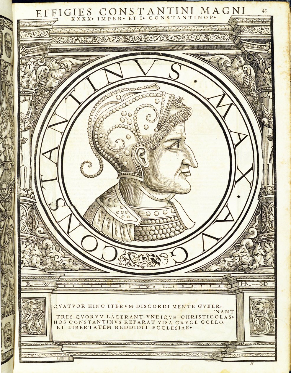 Constantinus Magnus, illustration fra "Imperatorum romanorum omnium orientalium et occidentalium verissimae imagines ex antiquis numismatis", træsnit af Rudolph Wyssenbach, trykt af Andreas Gesner, af Hans Rudolf Manuel Deutsch