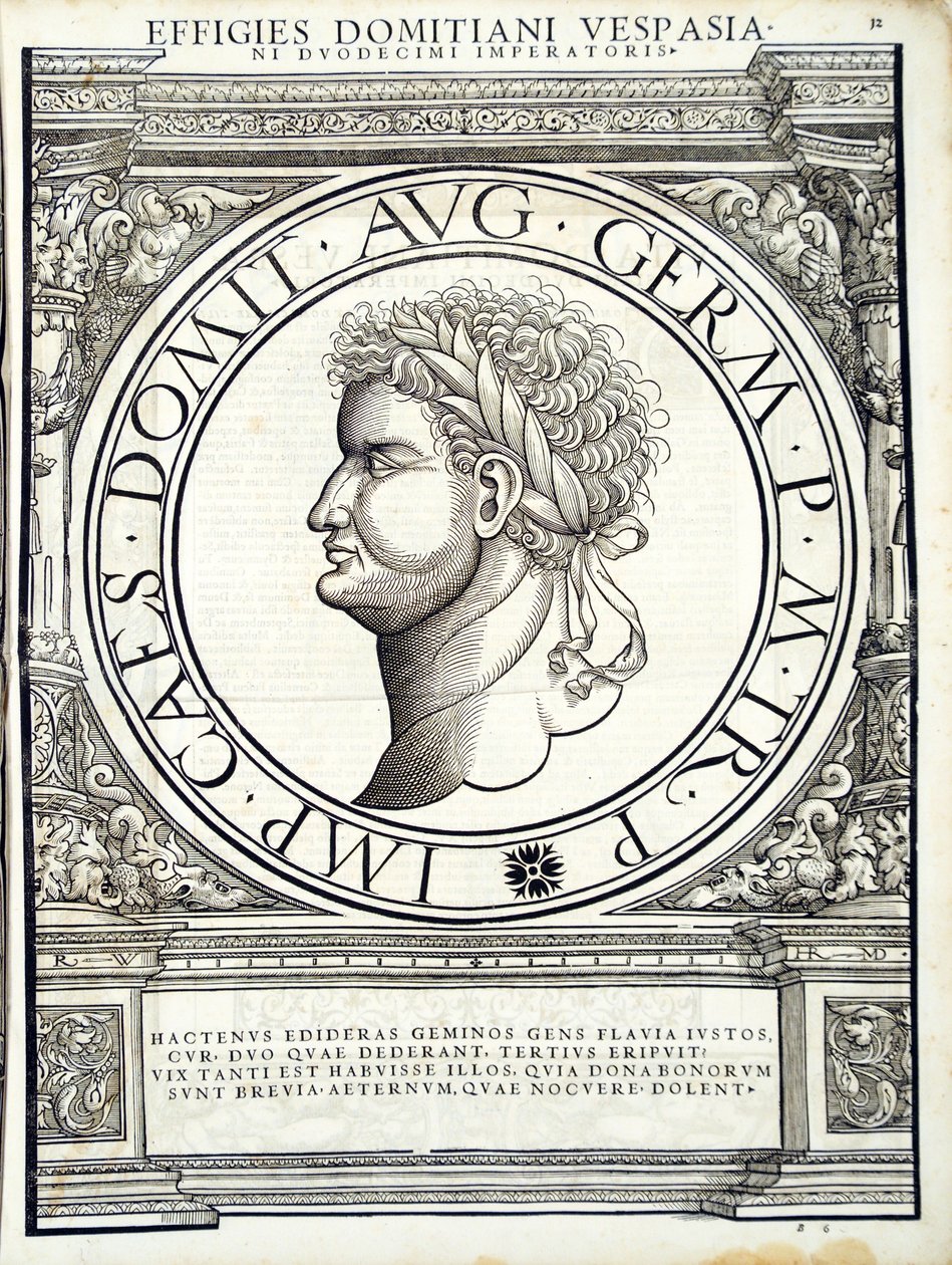 Domitian, illustration fra de mest autentiske billeder af de gamle romerske kejsere i øst og vest, træsnit af Rudolph Wyssenbach, trykt af Andreas Gesner, Zürich, 15. af Hans Rudolf Manuel Deutsch