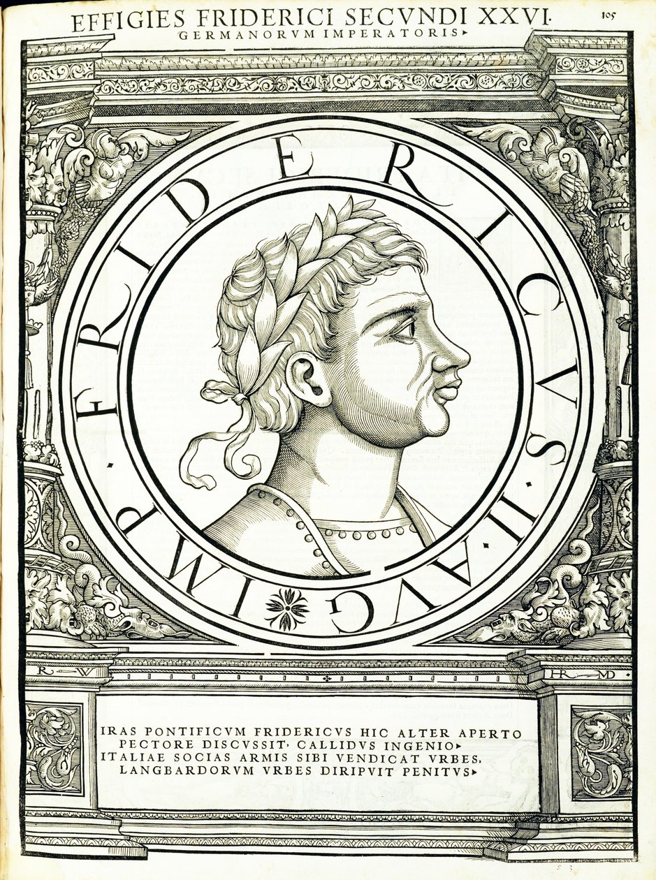 Fredericus II, illustration fra de romerske kejsere i hele øst og vest, med de mest autentiske billeder af de gamle mønter, træsnit af Rudolph Wyssenbach, trykt af Andreas Gesner, Zürich, af Hans Rudolf Manuel Deutsch