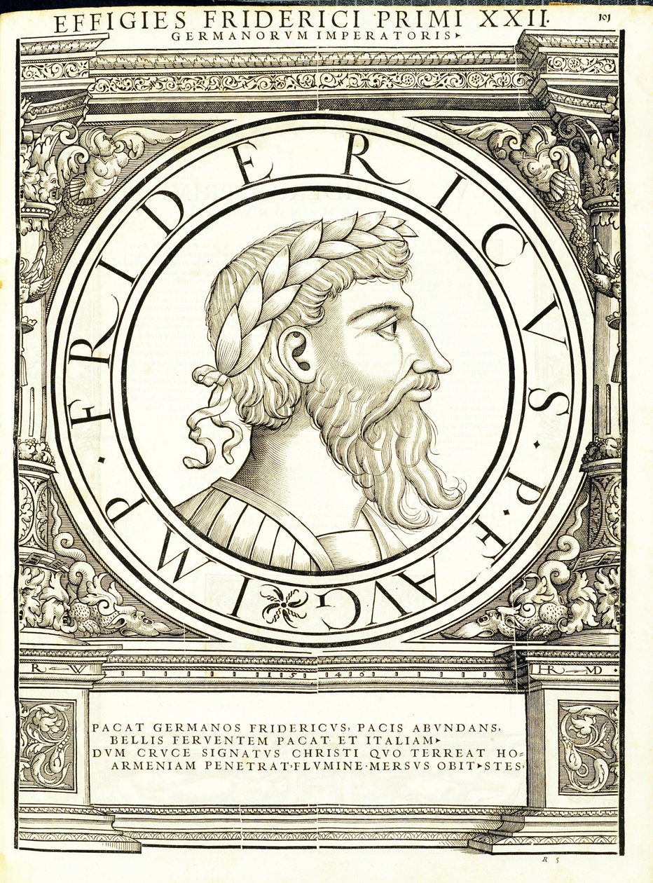 Fridericus I, illustration fra "Imperatorum romanorum omnium orientalium et occidentalium verissimae imagines ex antiquis numismatis", træsnit af Rudolph Wyssenbach, trykt af Andreas Gesner, Zürich af Hans Rudolf Manuel Deutsch