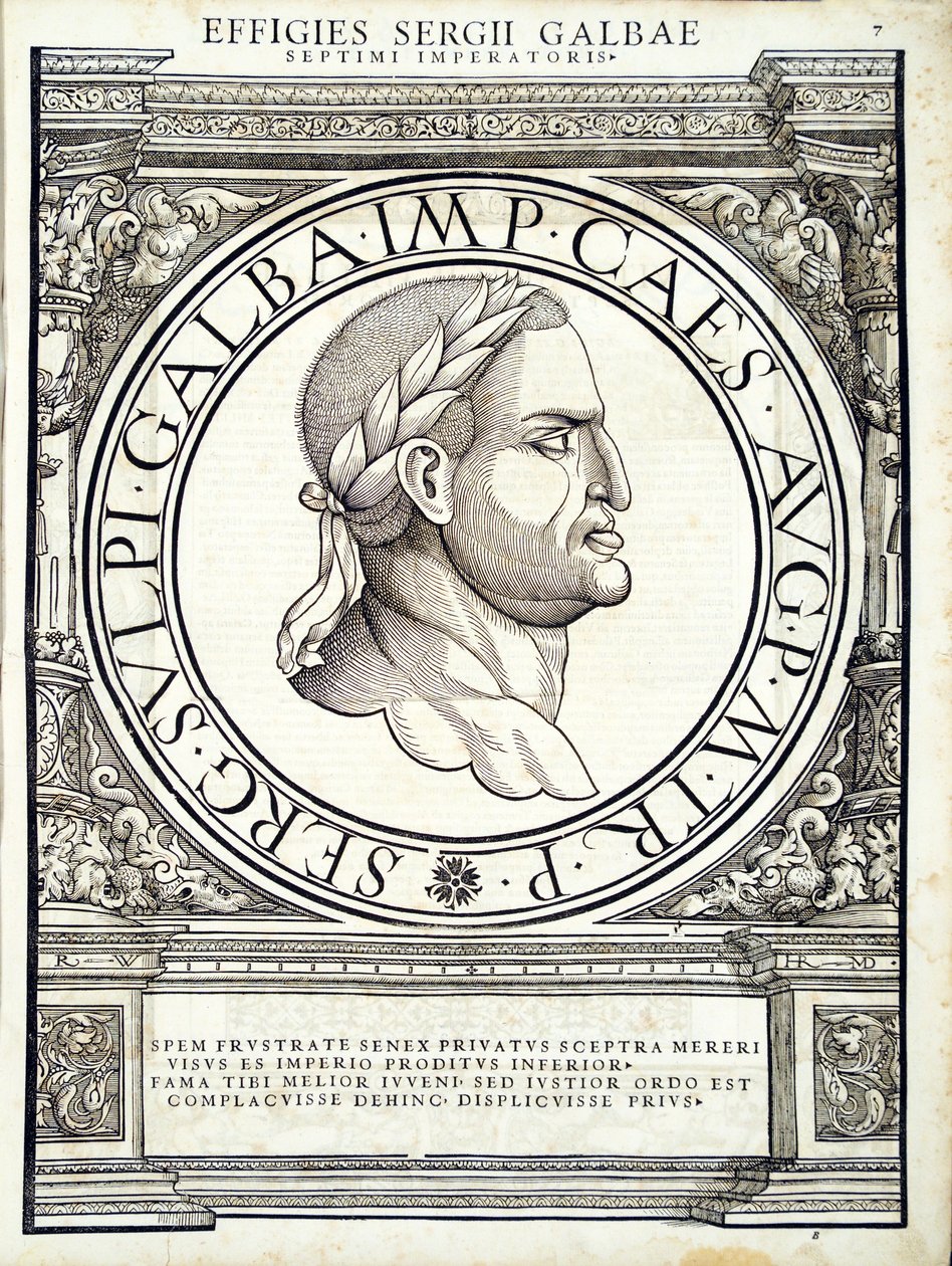 Galba, illustration fra de mest autentiske billeder af de antikke romerske kejsere i øst og vest, træsnit af Rudolph Wyssenbach, trykt af Andreas Gesner, Zürich, 1559 wo af Hans Rudolf Manuel Deutsch