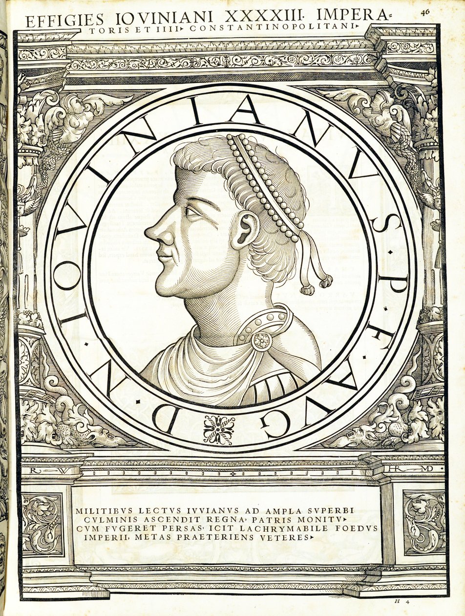 Iouinianus, illustration fra de mest autentiske billeder af de gamle romerske kejsere i øst og vest, træsnit af Rudolph Wyssenbach, trykt af Andreas Gesner, Zürich, 15. af Hans Rudolf Manuel Deutsch
