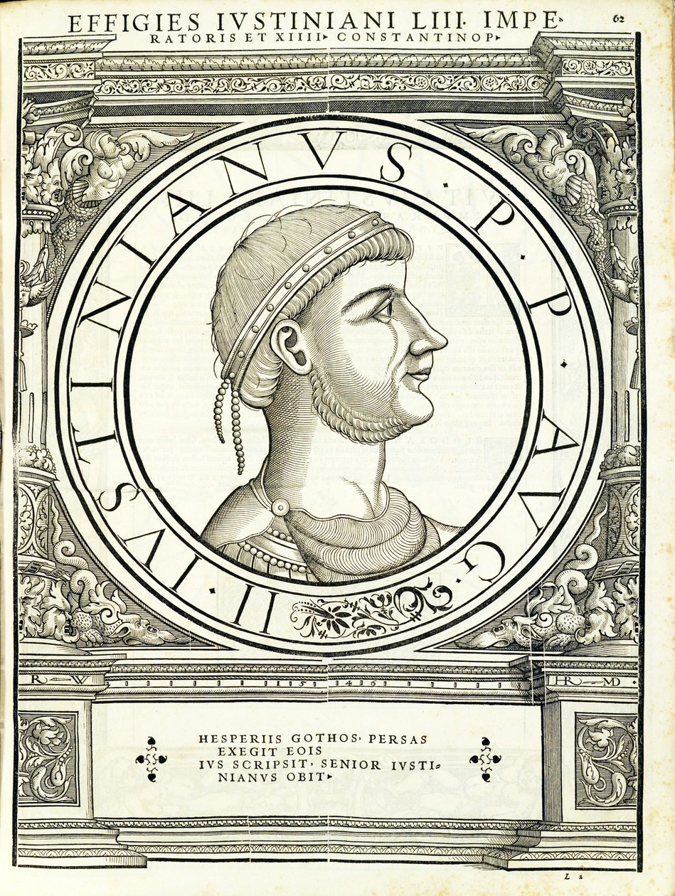 Iustinianus I, illustration fra "Imperatorum romanorum omnium orientalium et occidentalium verissimae imagines ex antiquis numismatis", træsnit af Rudolph Wyssenbach, trykt af Andreas Gesner, Zuric af Hans Rudolf Manuel Deutsch