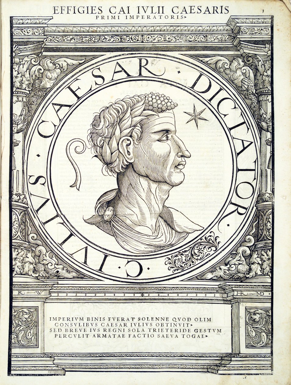 Julius Cæsar, illustration fra de mest autentiske billeder af de gamle romerske kejsere i øst og vest, træsnit af Rudolph Wyssenbach, trykt af Andreas Gesner, Zürich, af Hans Rudolf Manuel Deutsch