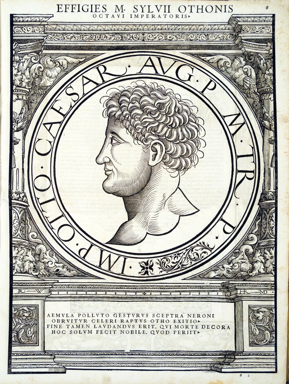M Sylvius Otho, illustration fra "Imperatorum romanorum omnium orientalium et occidentalium verissimae imagines ex antiquis numismatis", træsnit af Rudolph Wyssenbach, trykt af Andreas Gesner, Zuri af Hans Rudolf Manuel Deutsch