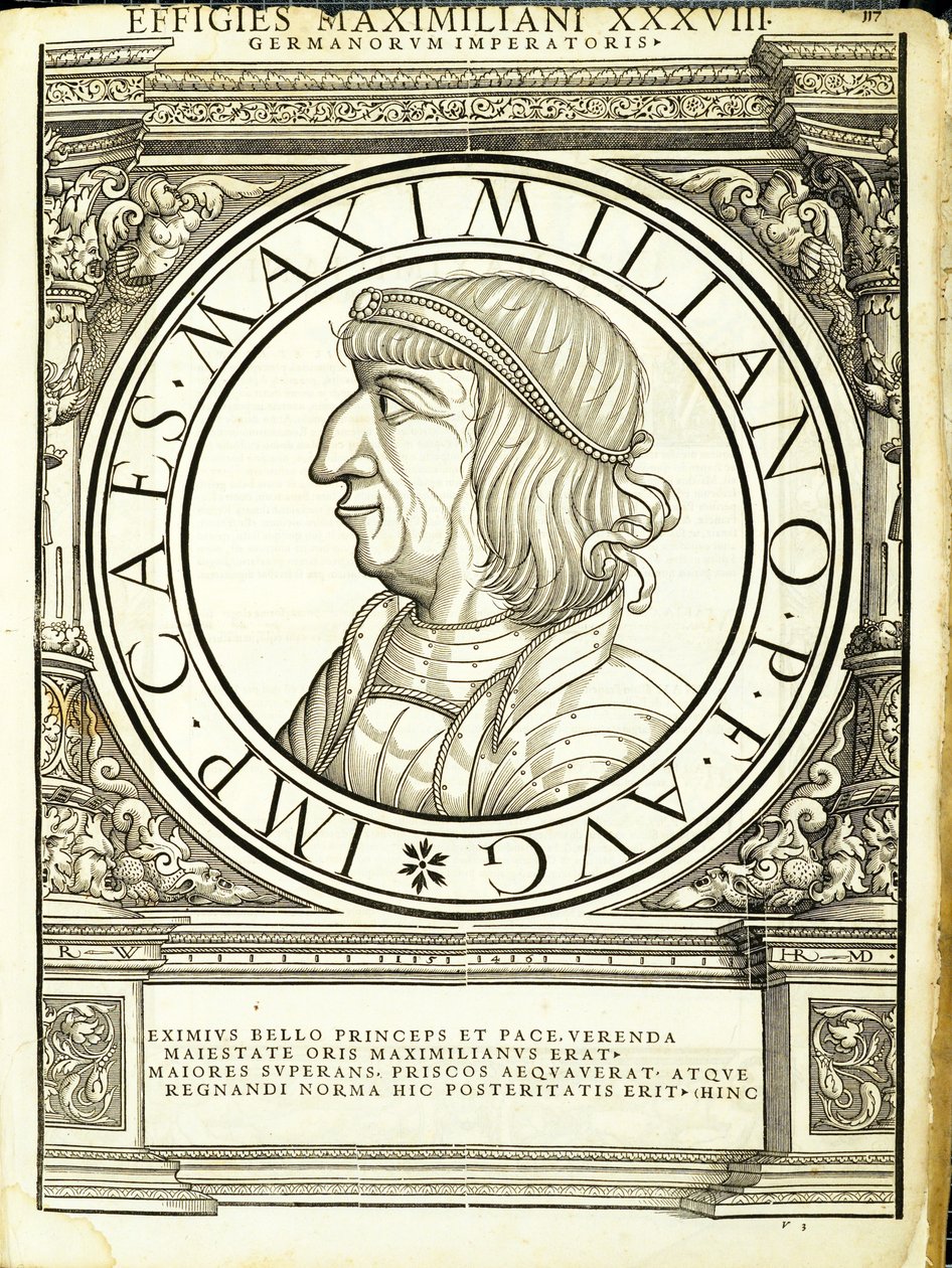 Maximilian, illustration fra de mest autentiske billeder af de gamle romerske kejsere i øst og vest, træsnit af Rudolph Wyssenbach, trykt af Andreas Gesner, Zürich, af Hans Rudolf Manuel Deutsch