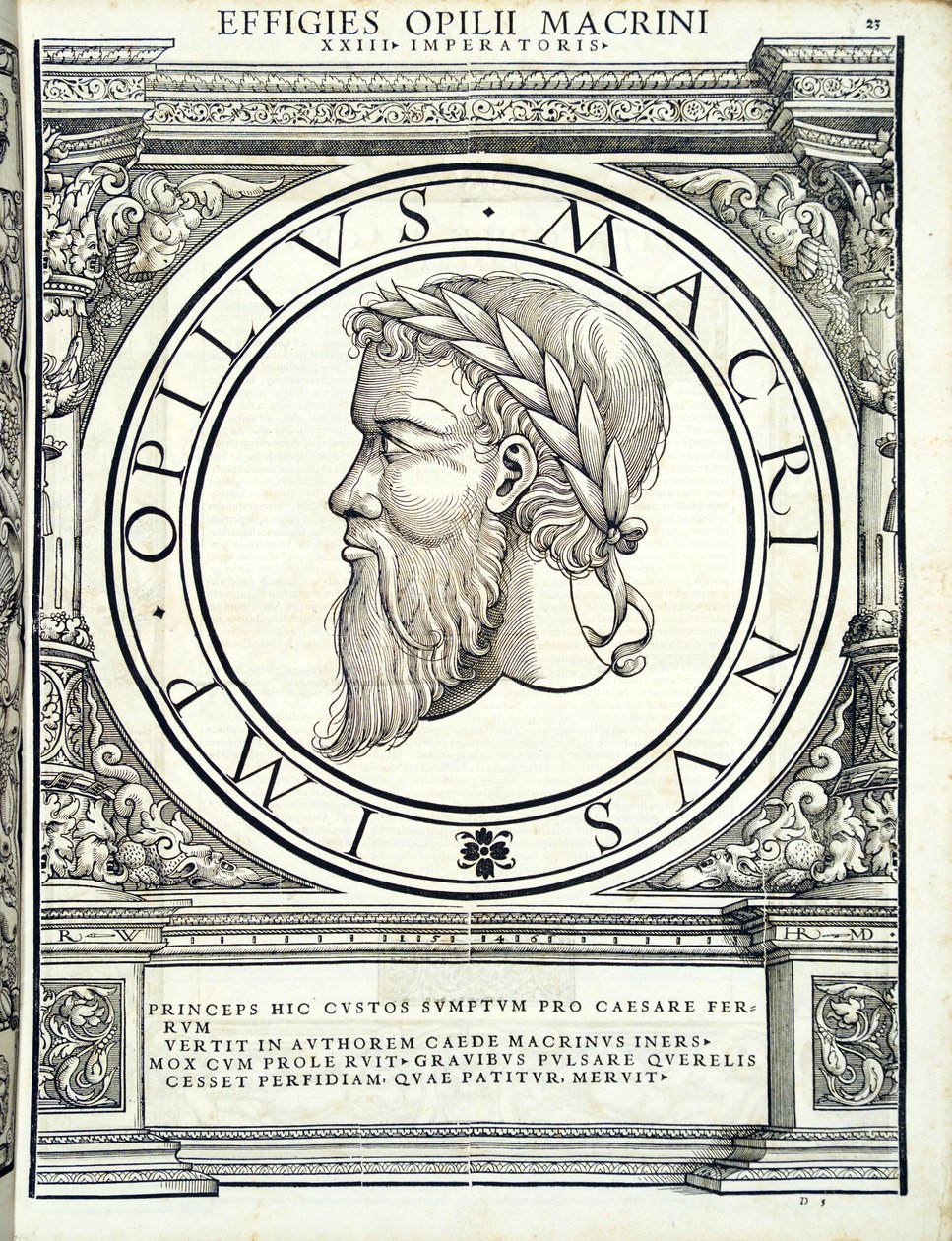 Opilius Macrinus, illustration fra "Imperatorum romanorum omnium orientalium et occidentalium verissimae imagines ex antiquis numismatis", træsnit af Rudolph Wyssenbach, trykt af Andreas Gesner, Zu af Hans Rudolf Manuel Deutsch