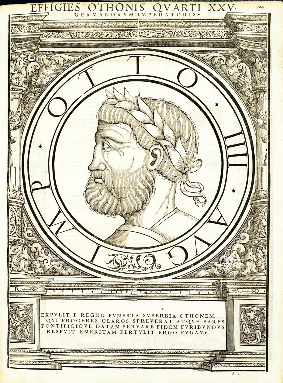 Otho IIII, illustration fra Imperatorum romanorum omnium orientalium et occidentalium verissimae imagines ex antiquis numismatis, træsnit af Rudolph Wyssenbach, trykt af Andreas Gesner, Zürich, 155 af Hans Rudolf Manuel Deutsch
