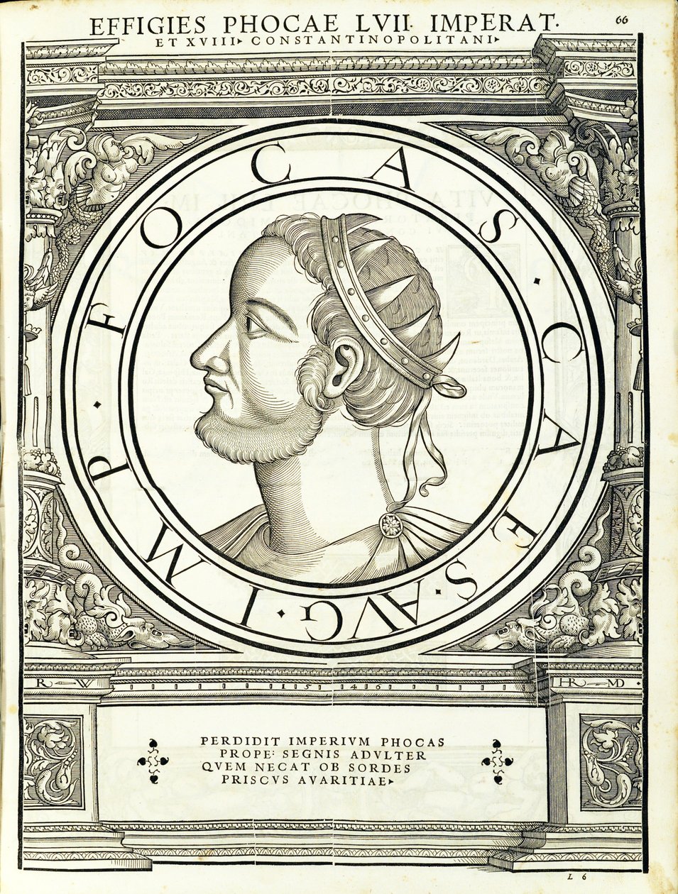 Phocas, illustration fra de romerske kejsere i hele øst og vest med de mest autentiske billeder af de gamle mønter, træsnit af Rudolph Wyssenbach, trykt af Andreas Gesner, Zürich, 1559 w af Hans Rudolf Manuel Deutsch