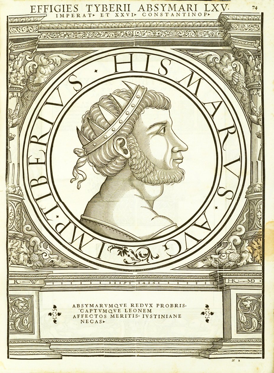 Tiberius Absymarus, illustration fra de romerske kejsere i hele øst og vest med de mest autentiske billeder af de gamle mønter, træsnit af Rudolph Wyssenbach, trykt af Andreas Gesner, Zu af Hans Rudolf Manuel Deutsch