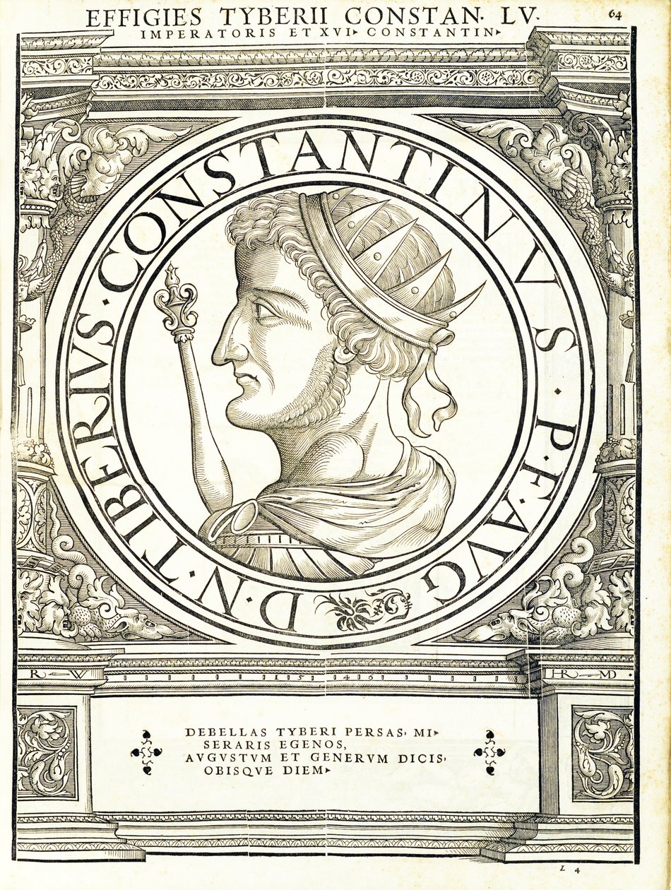Tyberius Constantinus, illustration fra de romerske kejsere i hele øst og vest, billeder af de ældste mønter, træsnit af Rudolph Wyssenbach, trykt af Andreas Gesner, af Hans Rudolf Manuel Deutsch