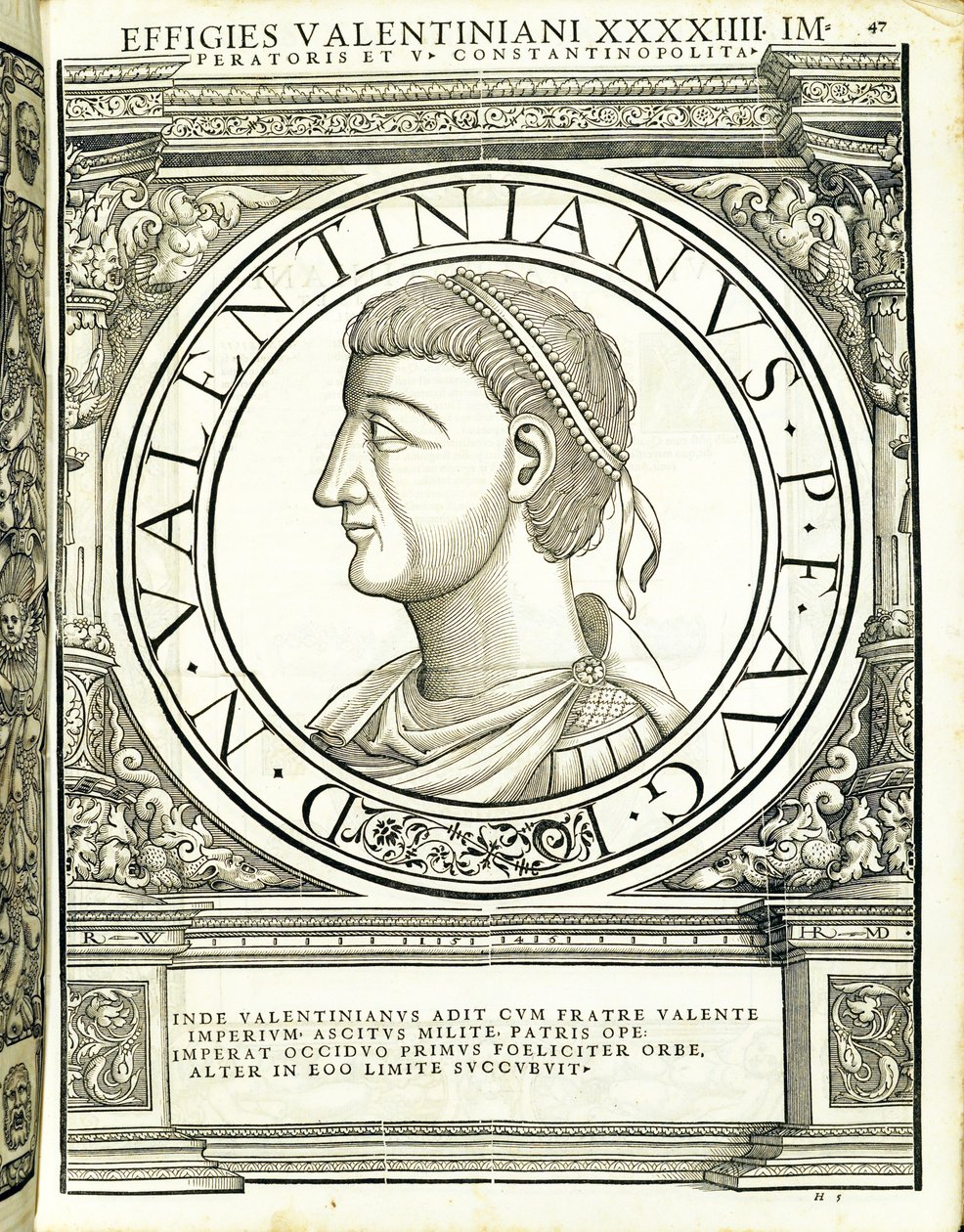 Valentinianus, illustration fra de mest autentiske billeder af de gamle romerske kejsere i øst og vest, træsnit af Rudolph Wyssenbach, trykt af Andreas Gesner, Zürich, af Hans Rudolf Manuel Deutsch