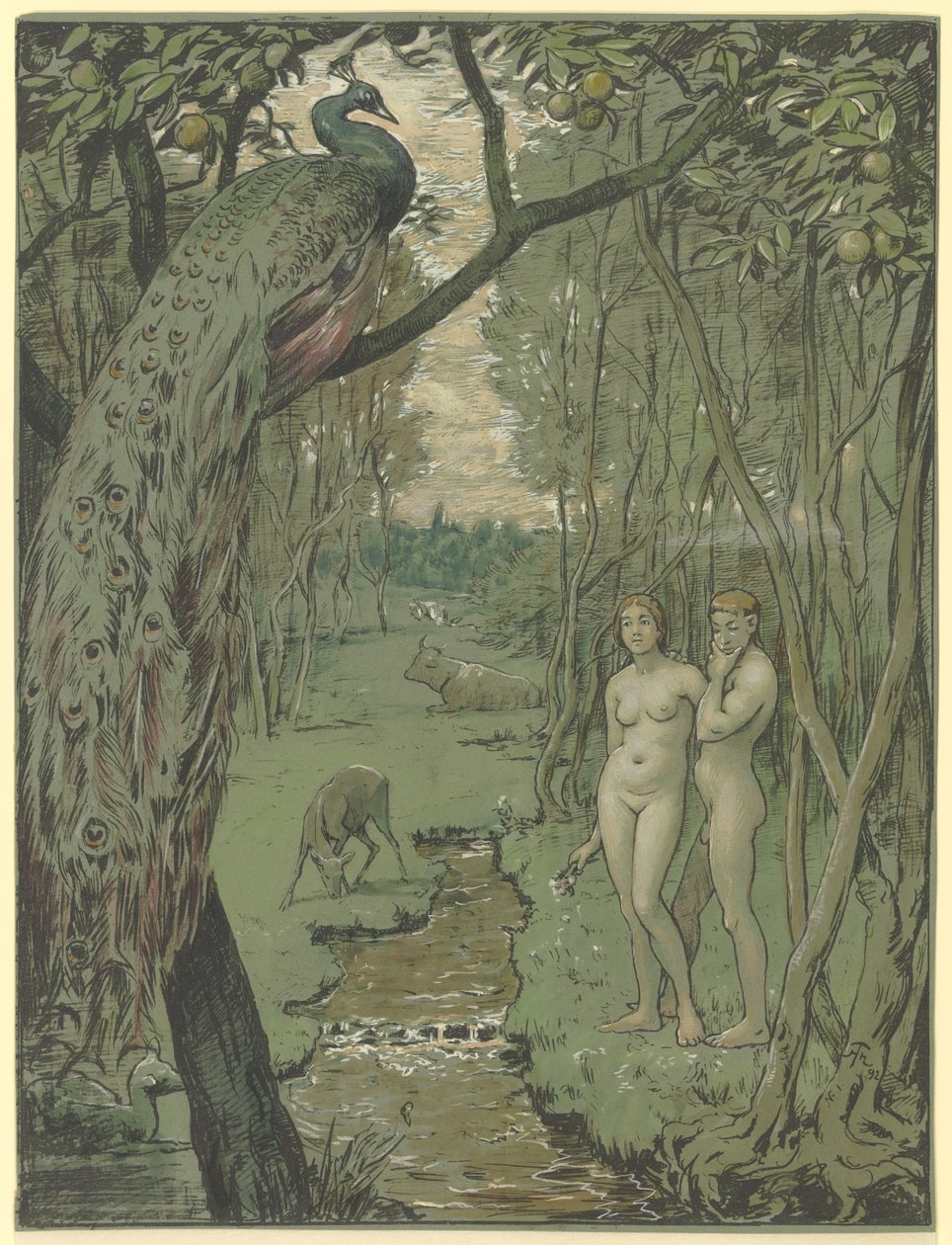 Paradis med påfugl af Hans Thoma
