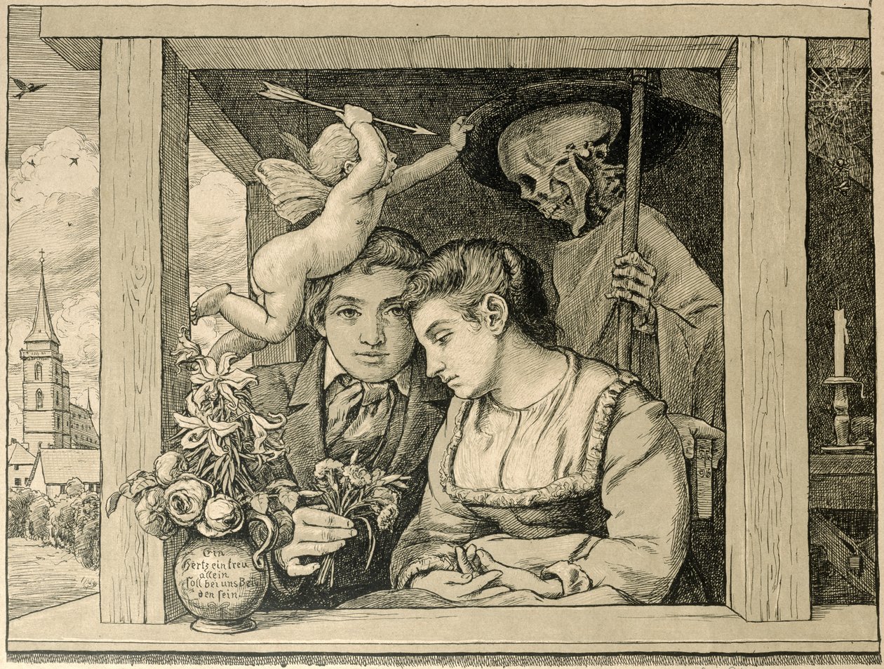 Reaper Death (Love and Death, The Newly-weds) 1896 (gravering på brunt papir) af Hans Thoma