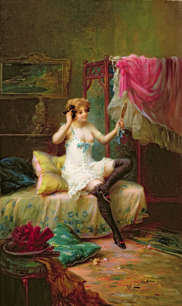 En pige kigger i et spejl af Hans Zatzka