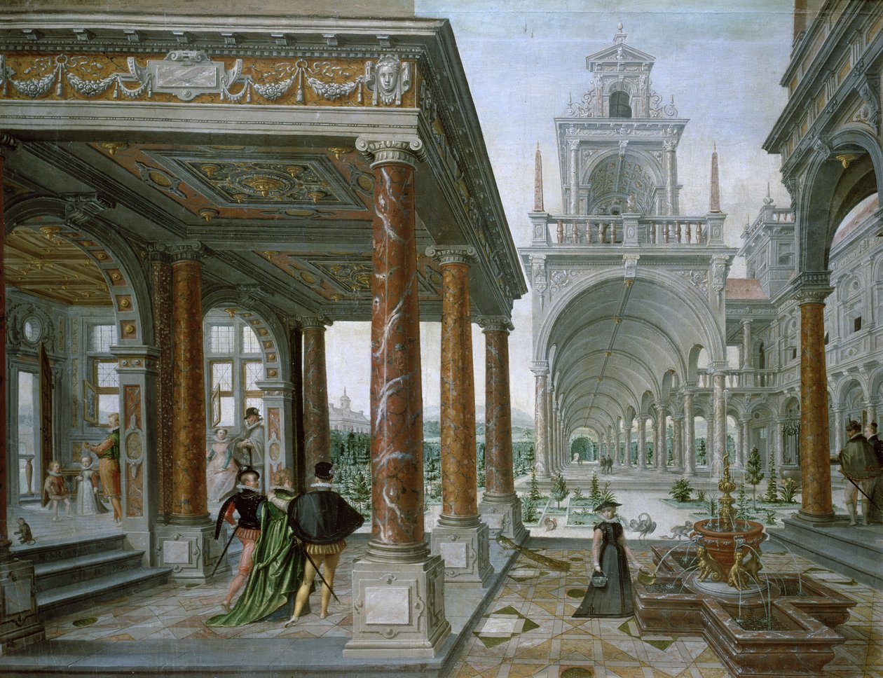 Capriccio af paladsarkitektur med Figurer Promenading, 1596 af Hans or Jan Vredeman de Vries