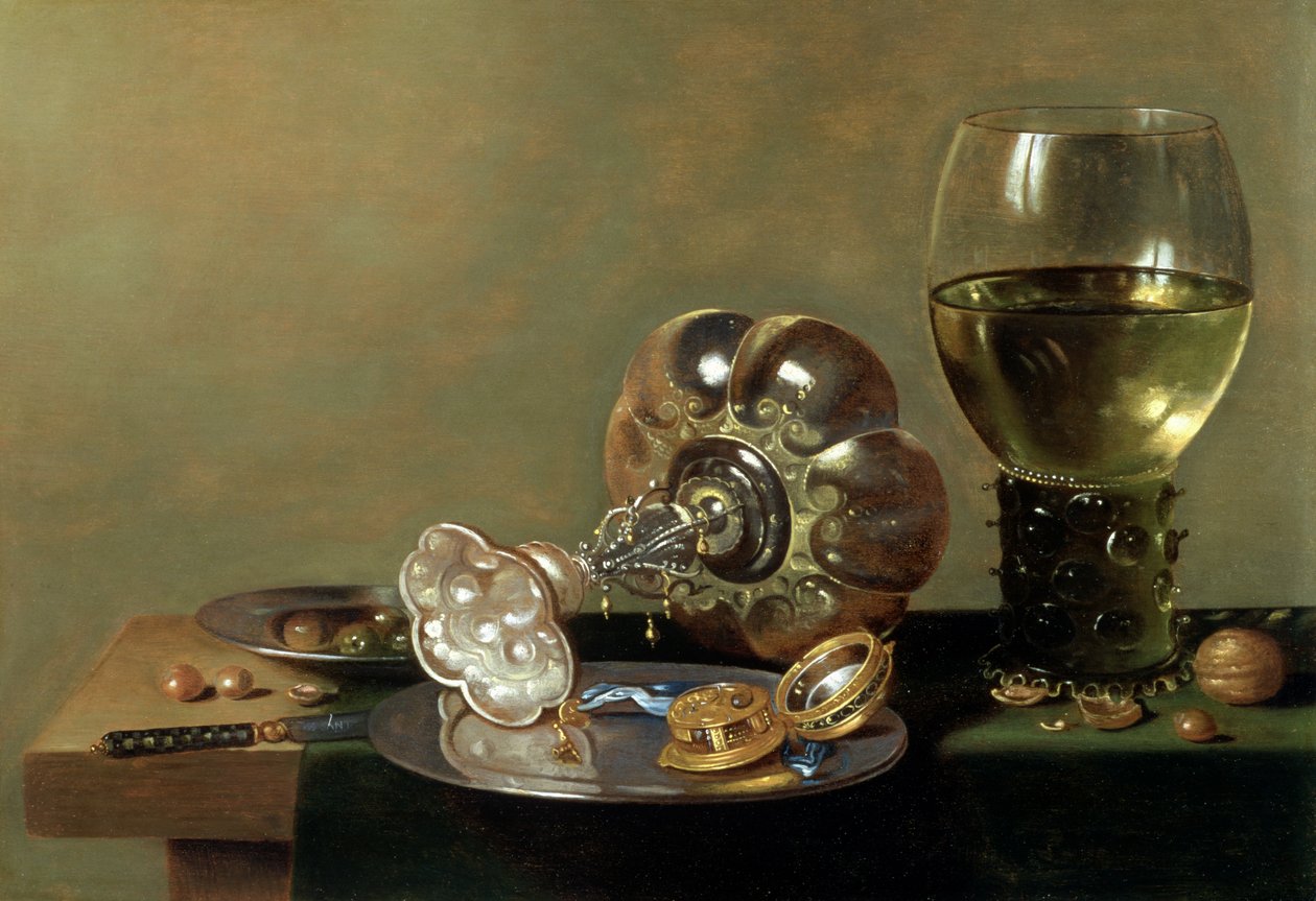 Et stilleben med et glas vin, tazza og en tintallerken af Hans van Sant