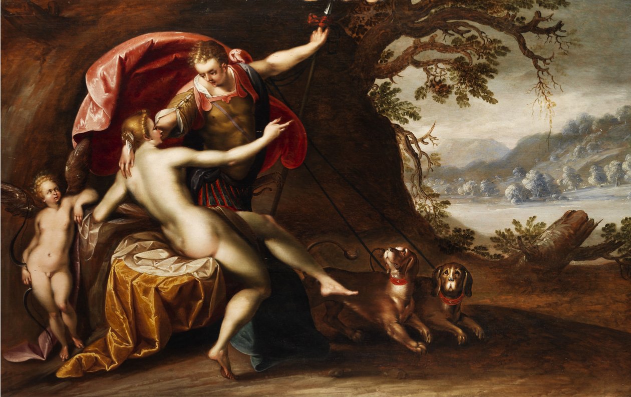 Venus og Adonis med hunde af Hans von Aachen