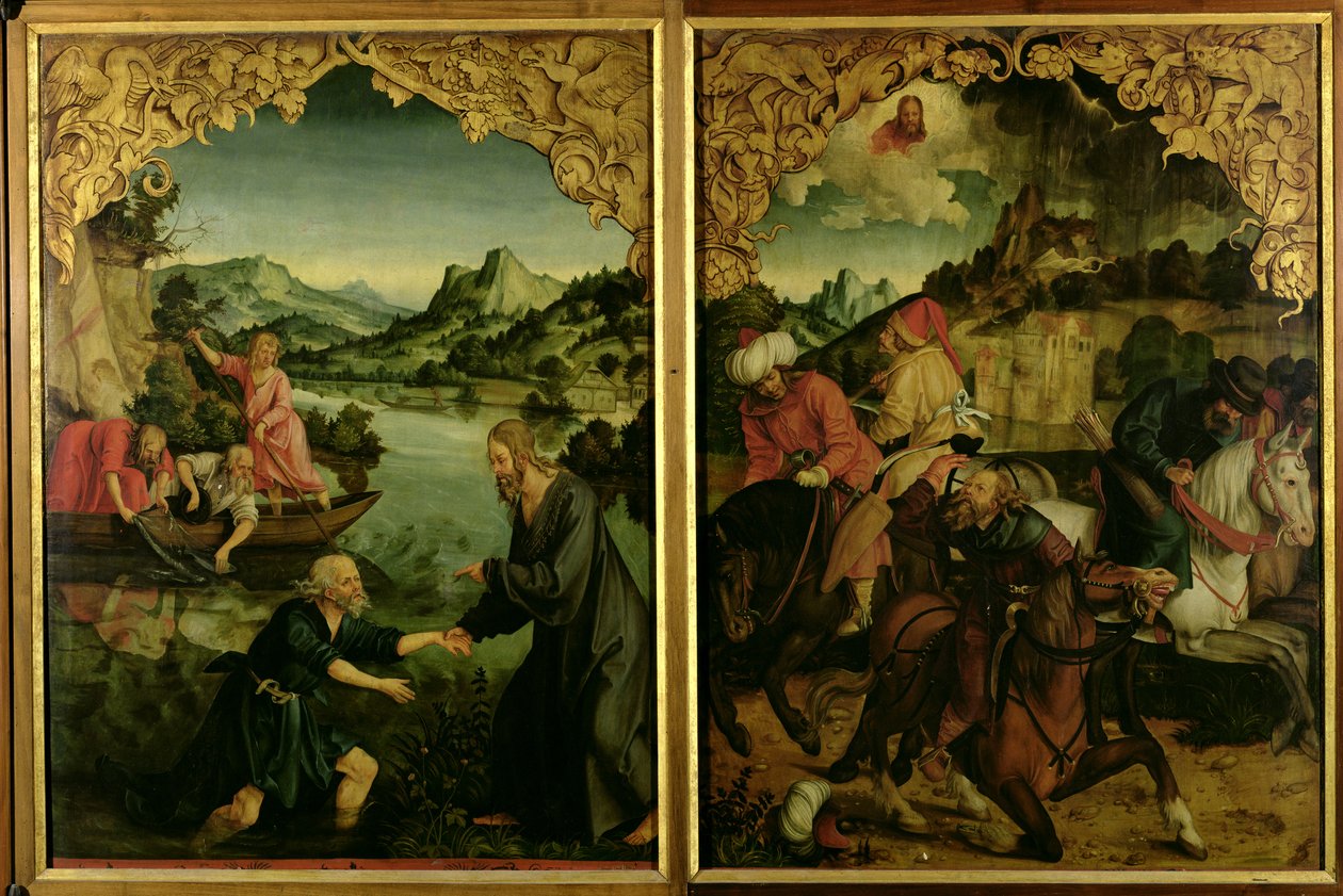 Historier om S.S. Peter og Paul altertavle: detalje, der viser L til R, Sankt Peters kaldelse, Sankt Pauls omvendelse (detaljer) af Hans von Klumbach