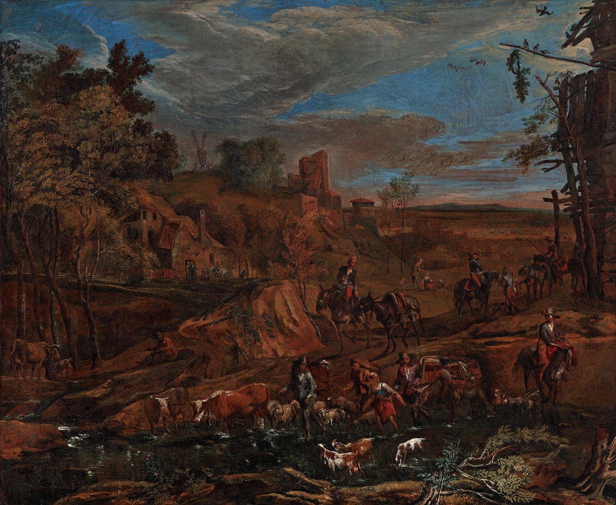 Efterårslandskab med vadested og kvægdrev af Hans (Johann Baptist) Graf