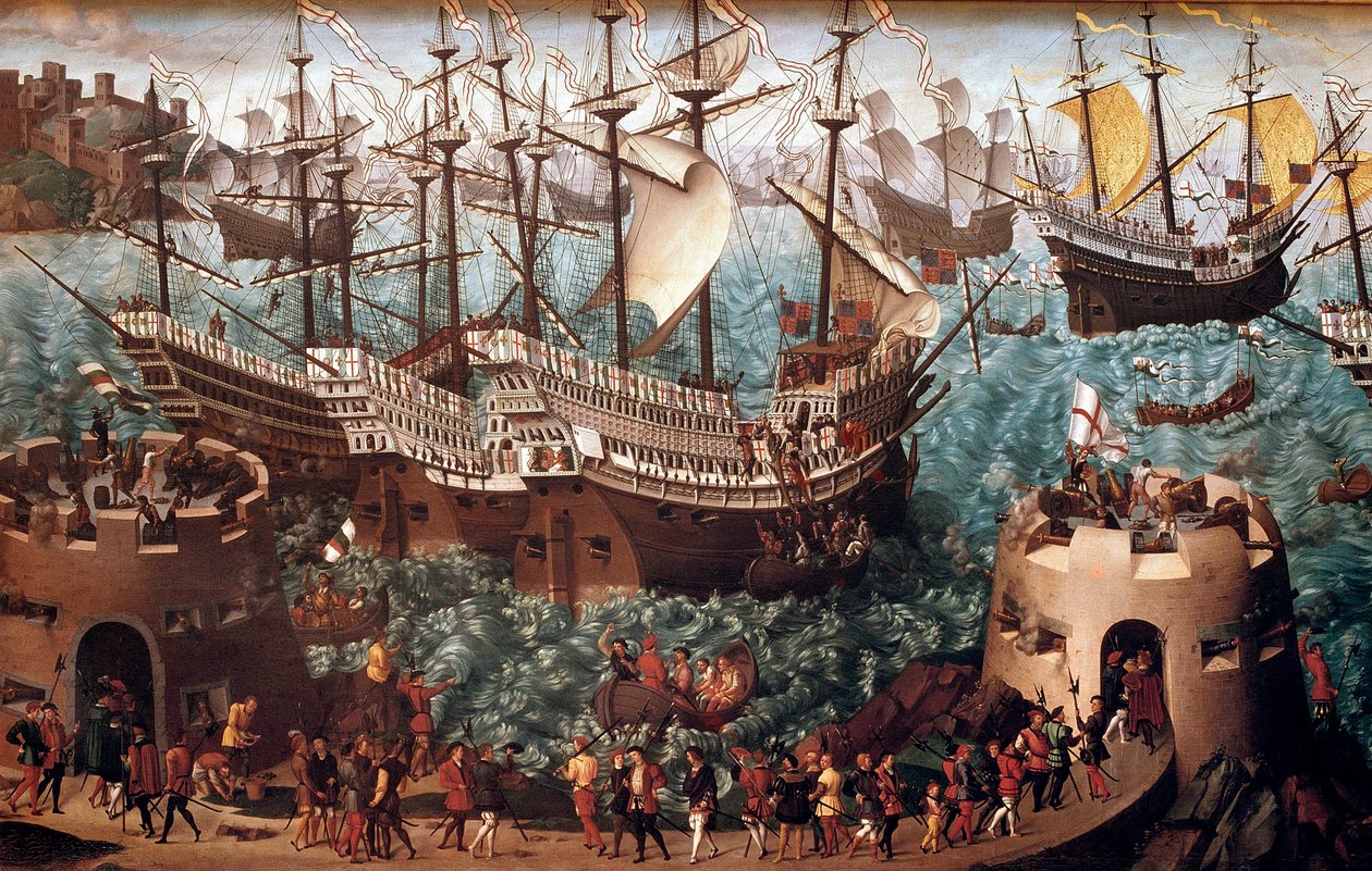 Indskibning af Henrik VIII (1491-1547) i Dover på galionen Henri Grace a Dieu” i anledning af handelen underskrevet med Francois I (Camp du Drap d