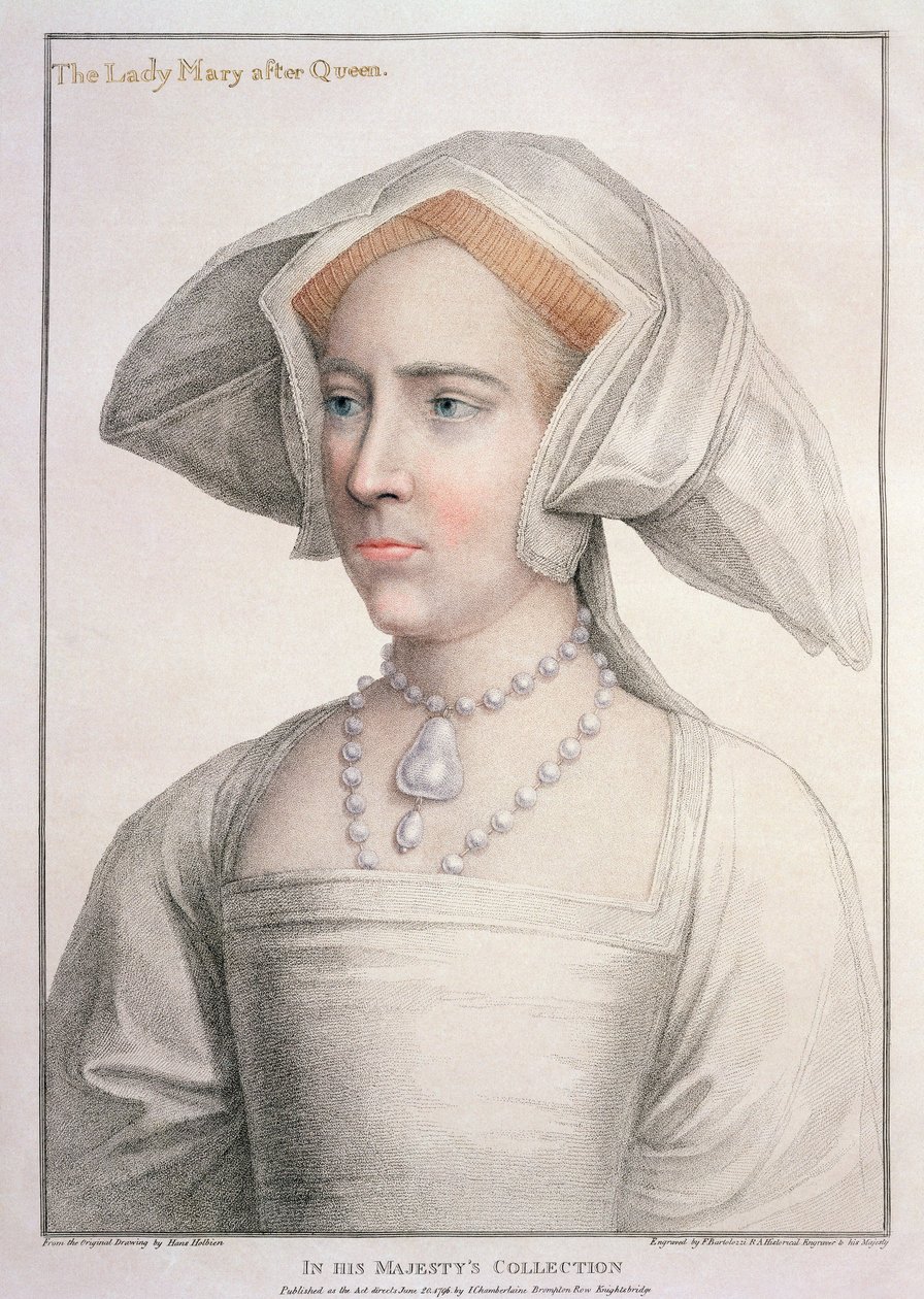 Mary Tudor (1516-58) graveret af Francesco Bartolozzi (1727-1815) (gravering) af Hans (after) Holbein the Younger