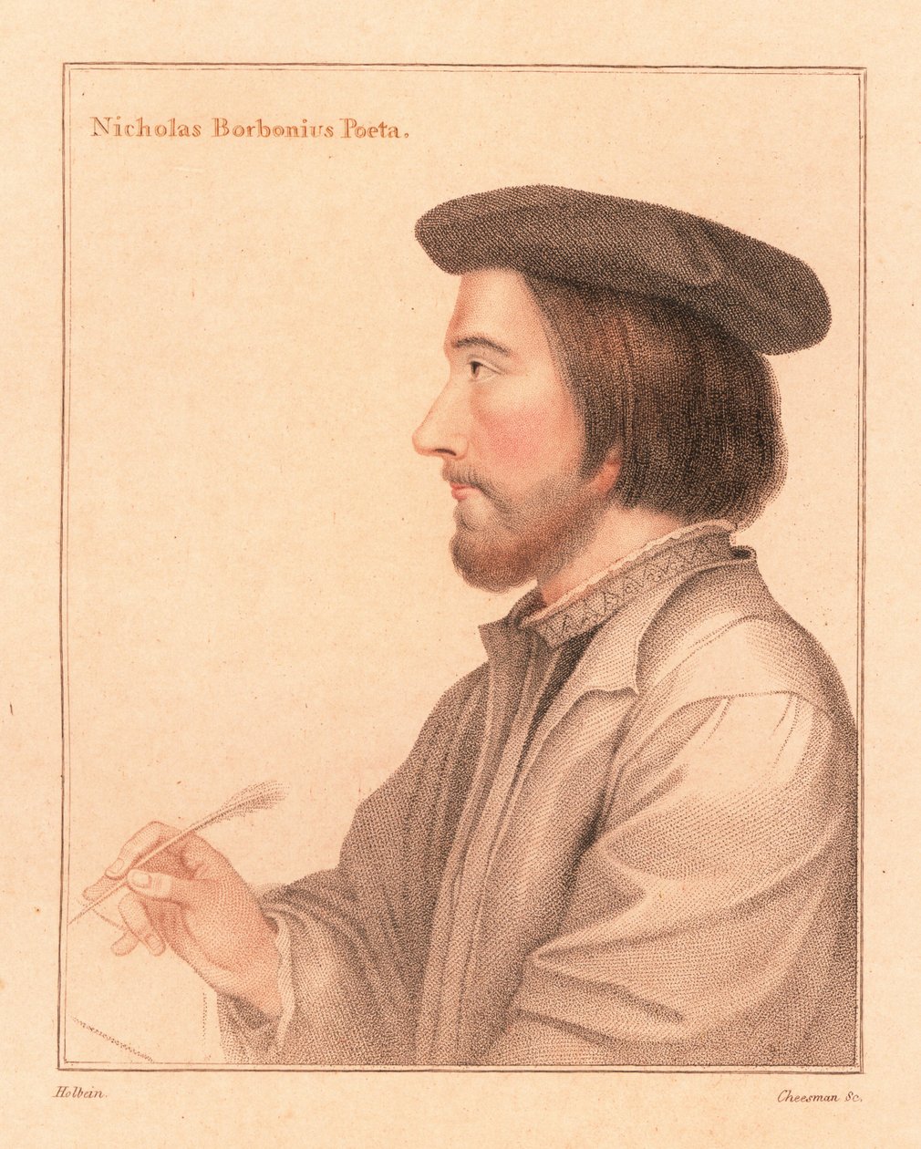 Nicholas Borbonius, latinsk digter og tutor., 1812 (gravering) af Hans (after) Holbein the Younger