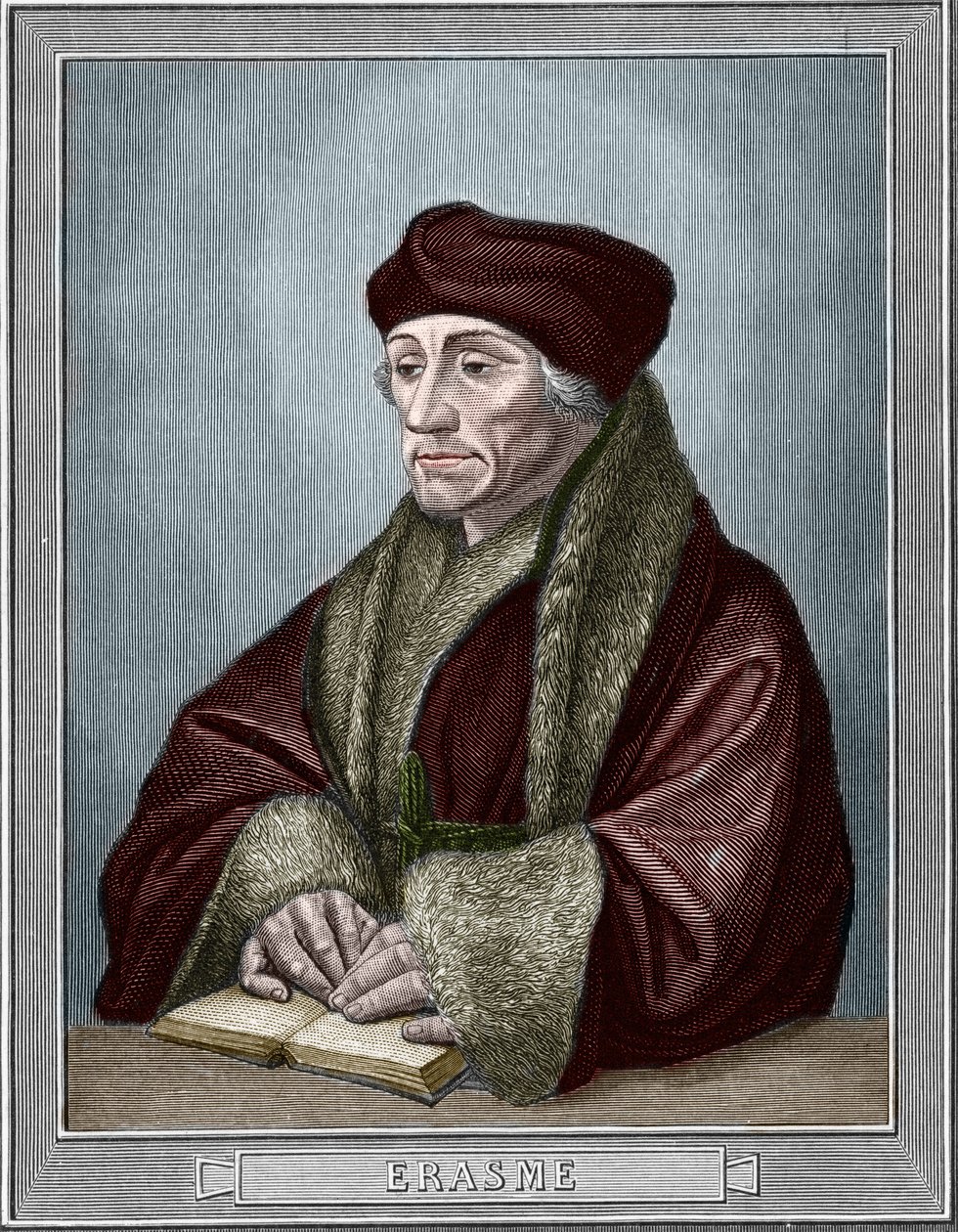 Portræt af Didier Erasme (Erasmus af Rotterdam) (1469 - 1536), hollandsk humanist. Stik efter originalen af Holbein Hans den Unge (1497-1543). Gravering af 1859 i "" gallerierne i Europa - Italien "" af armengaud. Privat samling. af Hans (after) Holbein the Younger