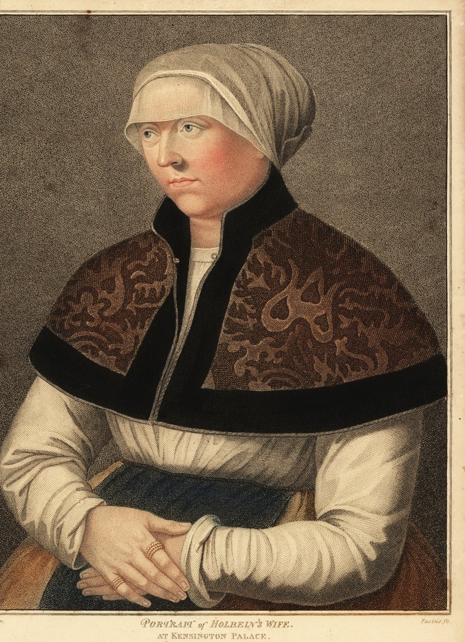 Portræt af Hans Holbeins kone Elsbeth på Kensington Palace. ,1812 (gravering) af Hans (after) Holbein the Younger
