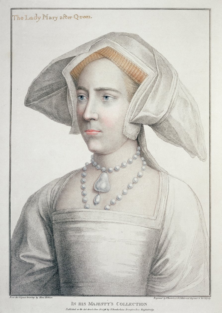 Portræt af Lady Mary efter dronning (1516-58) indgraveret af Francesco Bartolozzi (1727-1815) 1796 (gravering) af Hans (after) Holbein the Younger